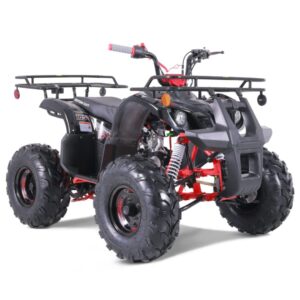 A red and black atv with two large tires.