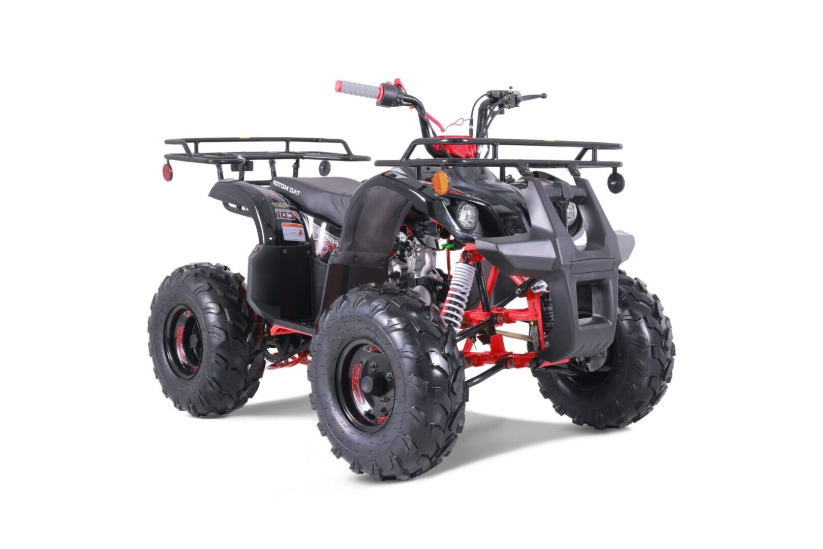 A red and black atv with two large tires.