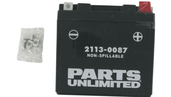 A black battery with the words parts unlimited on it.