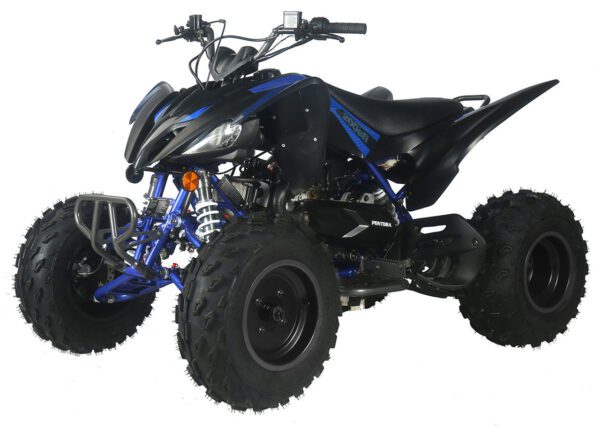 A blue and black atv is parked in the sun.