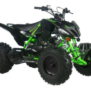 A green and black atv is parked on the ground.